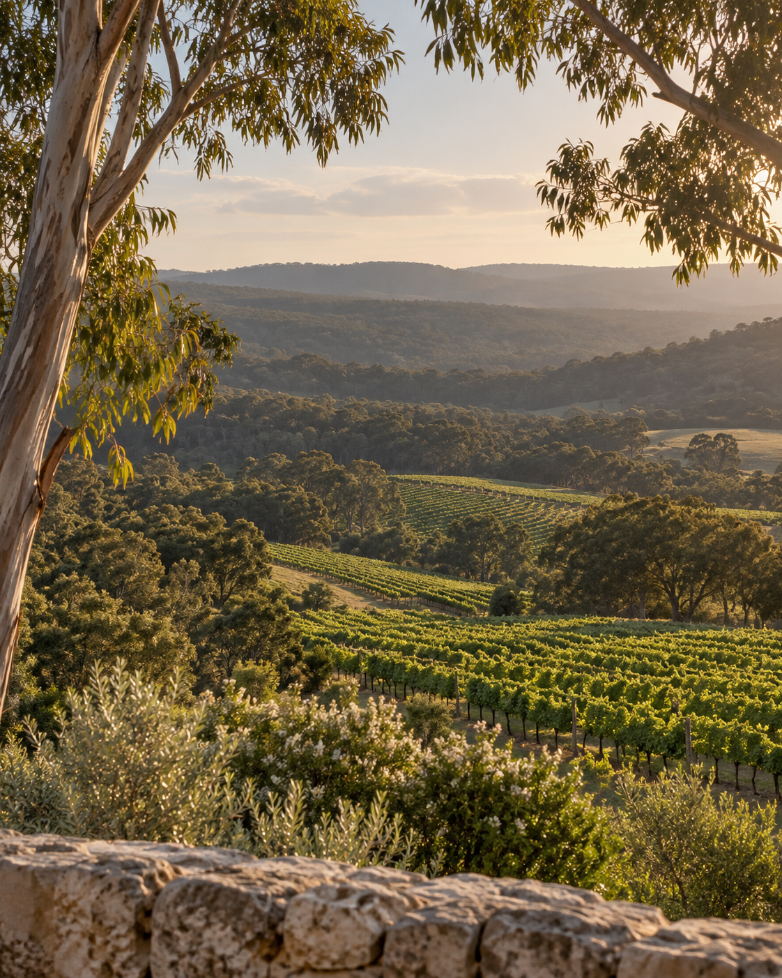 AI-generated vineyard landscape inspired by Margaret River, framed by eucalyptus in late-afternoon light